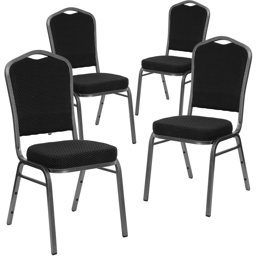 4 Pack HERCULES Series Crown Back Stacking Banquet Chair in Black Dot Patterned Fabric - Silver Vein Frame