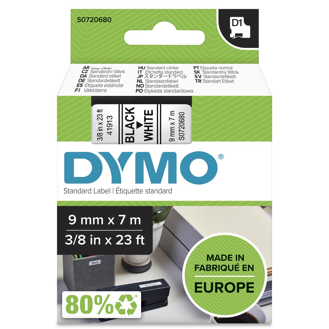 DYMO® Authentic D1 Labels | Black Print on White Tape | 9 mm x 7 m | Self-Adhesive Labels for LabelManager Label Makers | Made in Europe