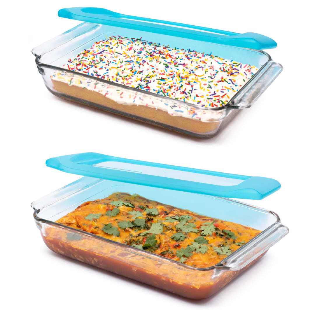 Libbey Baker’s Premium 9x13 Rectangle Glass Baking Dish Set of 2 with Lids, Stackable Bakeware with GreatGrip Handles and Plastic Covers