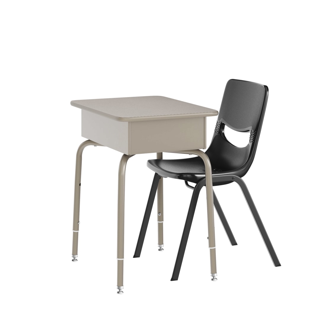 HERCULES Student Desk with Open Front Metal Book Box, Gray Granite Desktop, and Silver Frame and Black Heavy-Duty Flex Comfort Classroom Stack Chair