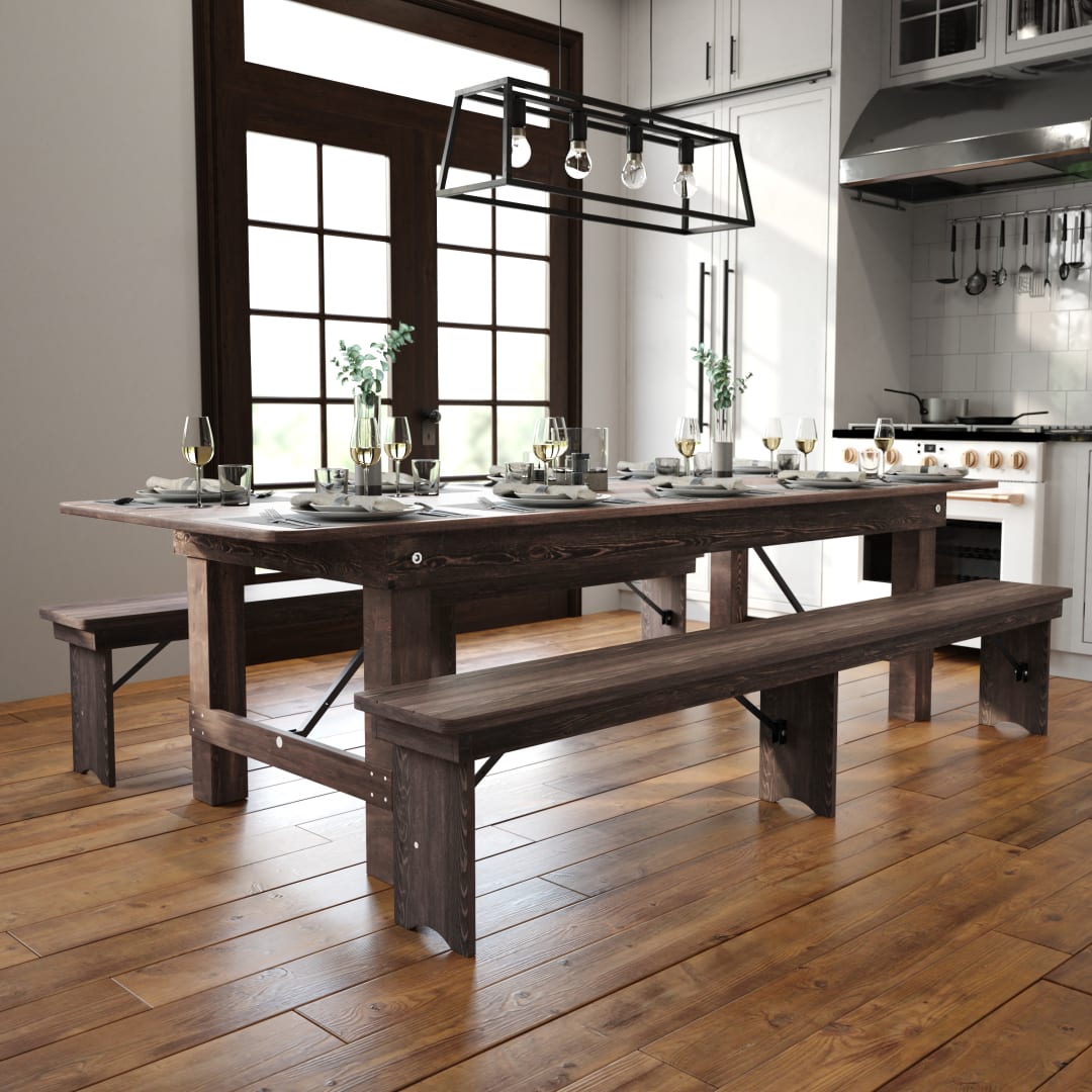 HERCULES 9' x 40" Rectangular Antique Rustic Mahogany Solid Pine Folding Farm Table
