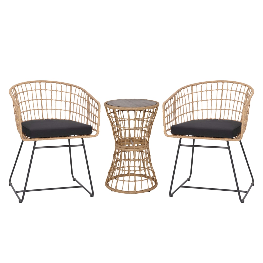 Devon 3-Piece Natural Patio Bistro Set, Indoor/Outdoor Rattan Rope Chairs, Acacia Wood Top Table & Black Seat Cushions