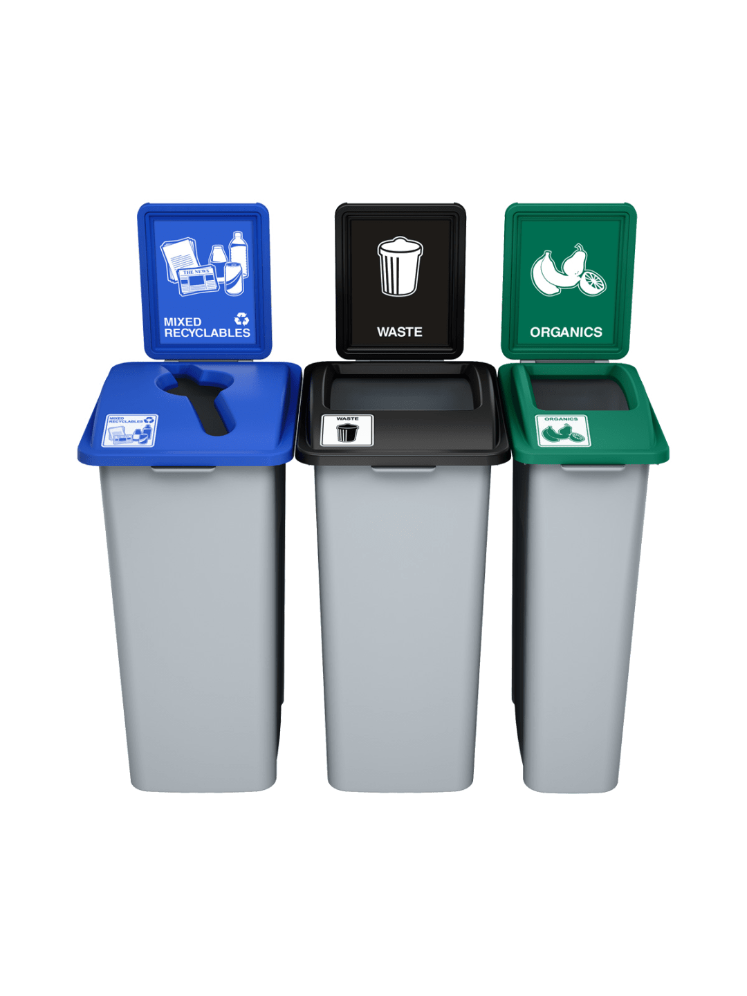  WASTE WATCHER - Triple - Kit - Xl - Mixed Recyclables-Waste-Organics - Mixed-Full - Grey-Blue-Black-Green