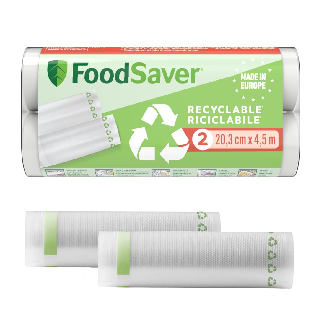 FoodSaver rollos de envasado al vacío | Reciclables y reutilizables | Mantiene los alimentos frescos hasta 5 veces más tiempo | Sin BPA | 2 rollos para congelar y cocer a fuego lento (20 cm × 4,5 cm)