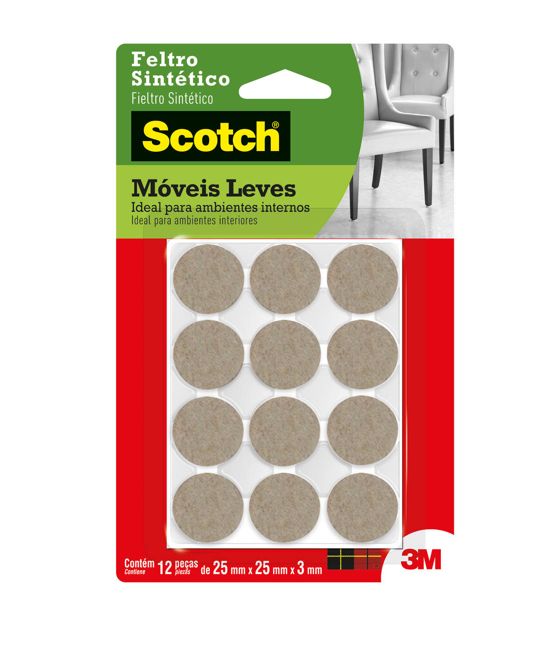 Feltro Sintético para Móveis Leves 3M™ Scotch™ Redondo, Marrom, Pequeno, 12 Unidades