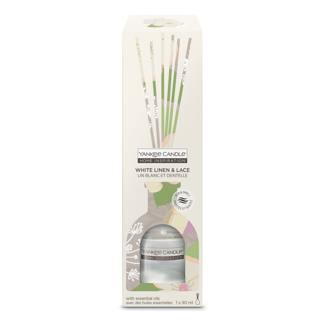 Yankee Candle® Home Inspiration Scented Reed Diffuser | White Linen Lace Aroma Diffuser with Essential Oils | Up to 10 Weeks of Fragrance | 90 ml | Perfect Gifts for Women
