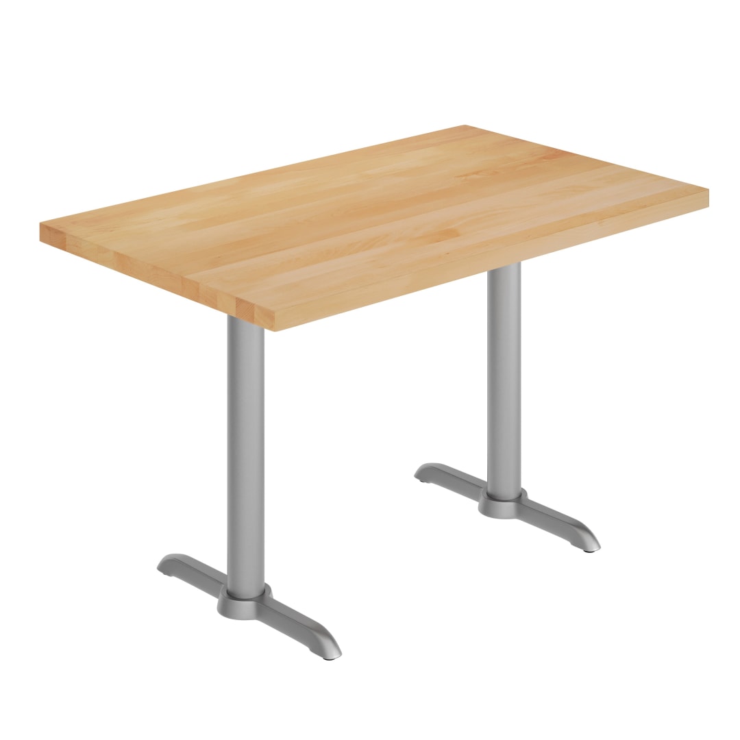 Bennett 30" x 48" Solid Wood Commercial Indoor Tabletop in Natural with Dual 5" x 22" Dining Height Rust-Resistant Silver Cast Iron T-Bases
