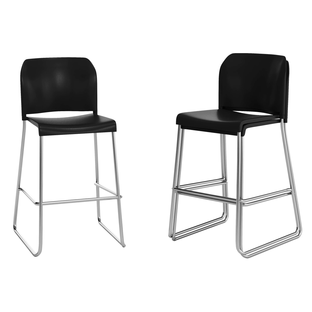 HERCULES Kenai Set of 3 Black Office Reception Stacking Bar Stools with Contoured Backrests and Chrome Sled Bases