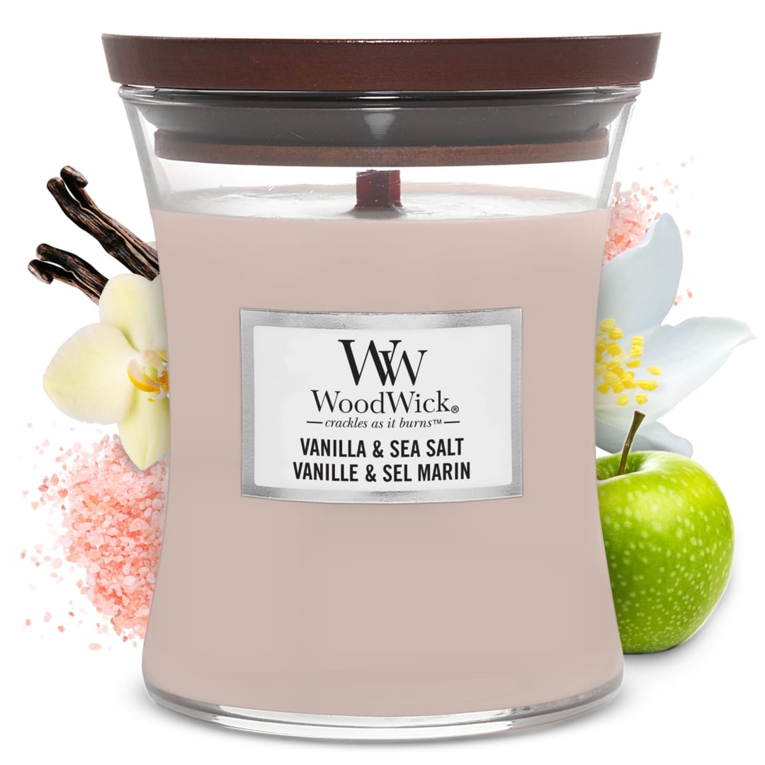 WoodWick Medium Hourglass Scented Candle | Vanilla & Sea Salt | with Crackling Wick | Burn Time: Up to 60 Hours