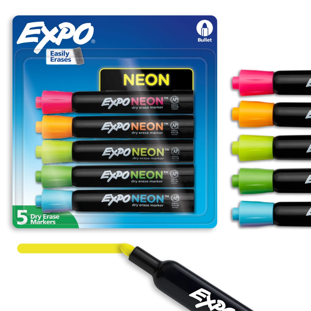 EXPO Neon Dry Erase Markers, Assorted Colors, Bullet Tip, 5 Count