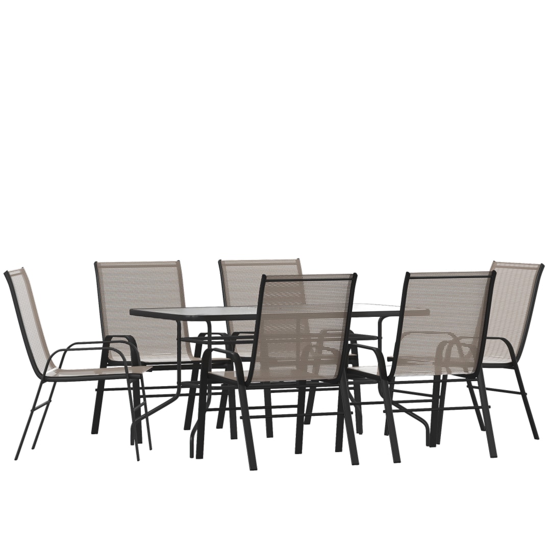 Brazos 7 Piece Outdoor Patio Dining Set - 55" Tempered Glass Patio Table with Umbrella Hole, 6 Brown Flex Comfort Stack Chairs