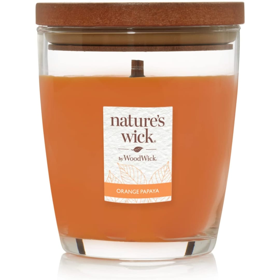 WoodWick® Nature's Wick Orange Papaya Scented Candle, 10oz with Wooden Lid, Crackles at it Burns, Fall