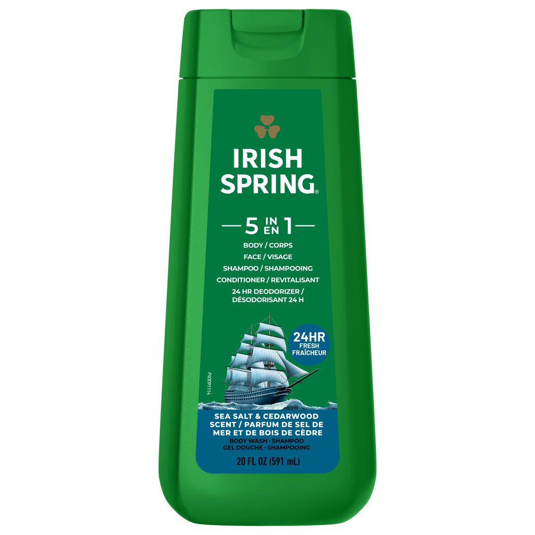 Gel douche hydratant 5 en 1 Irish Spring pour homme, shampooing, après-shampooing, nettoyant corps et visage et désodorisant 24 heures, sans parabène, parfum sel de mer et bois de cèdre, 591 ml