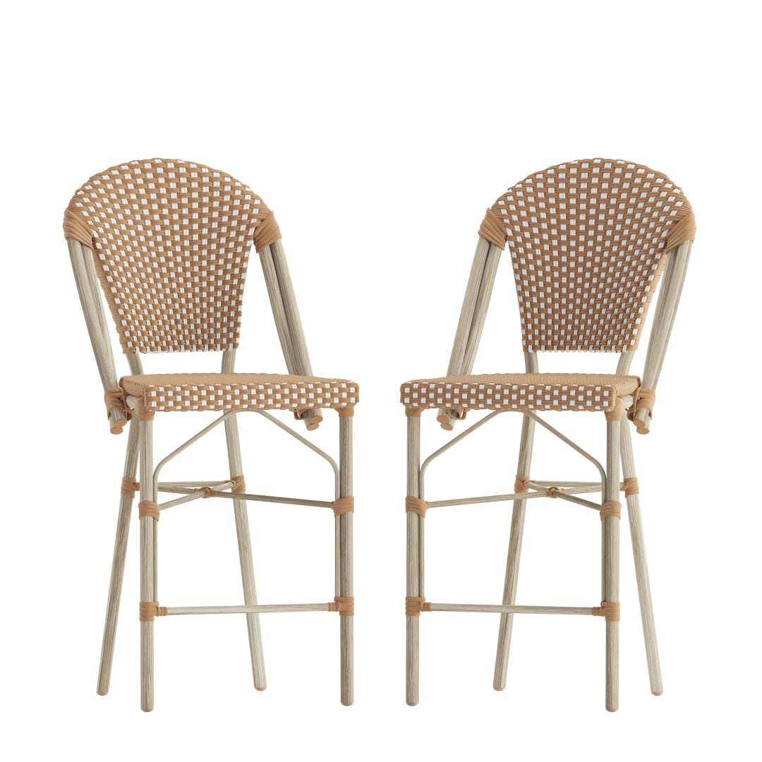 Lourdes Set of 2 Stackable Indoor/Outdoor Bistro 26" High Counter Height Stools, Commercial Grade, Natural/White and Light Natural Finish