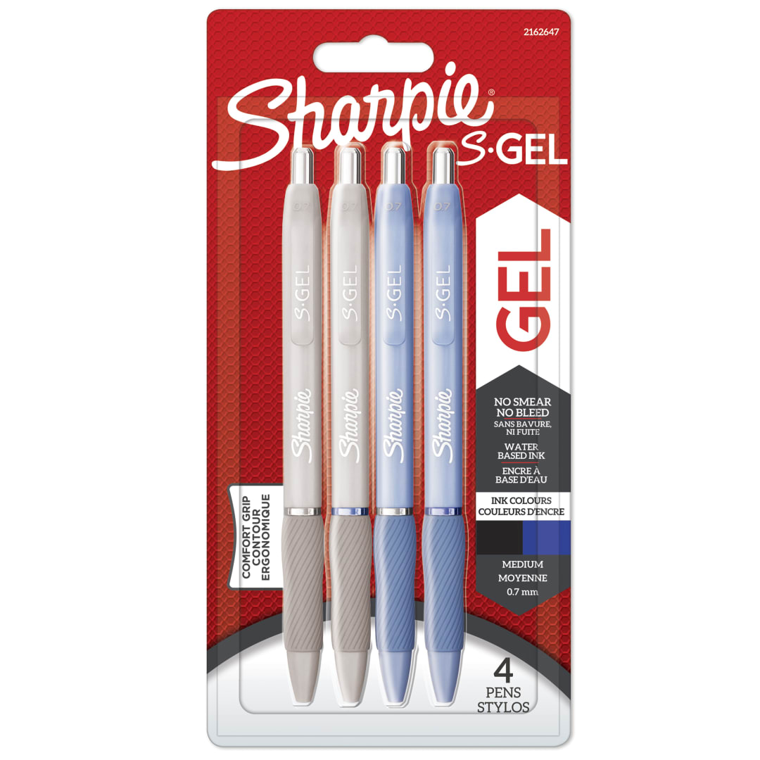 Sharpie S-Gel | Bolígrafos de gel | Punta mediana (0,7 mm) | Cuerpos azul hielo y blanco perla | Tinta negra y azul | 4 unidades