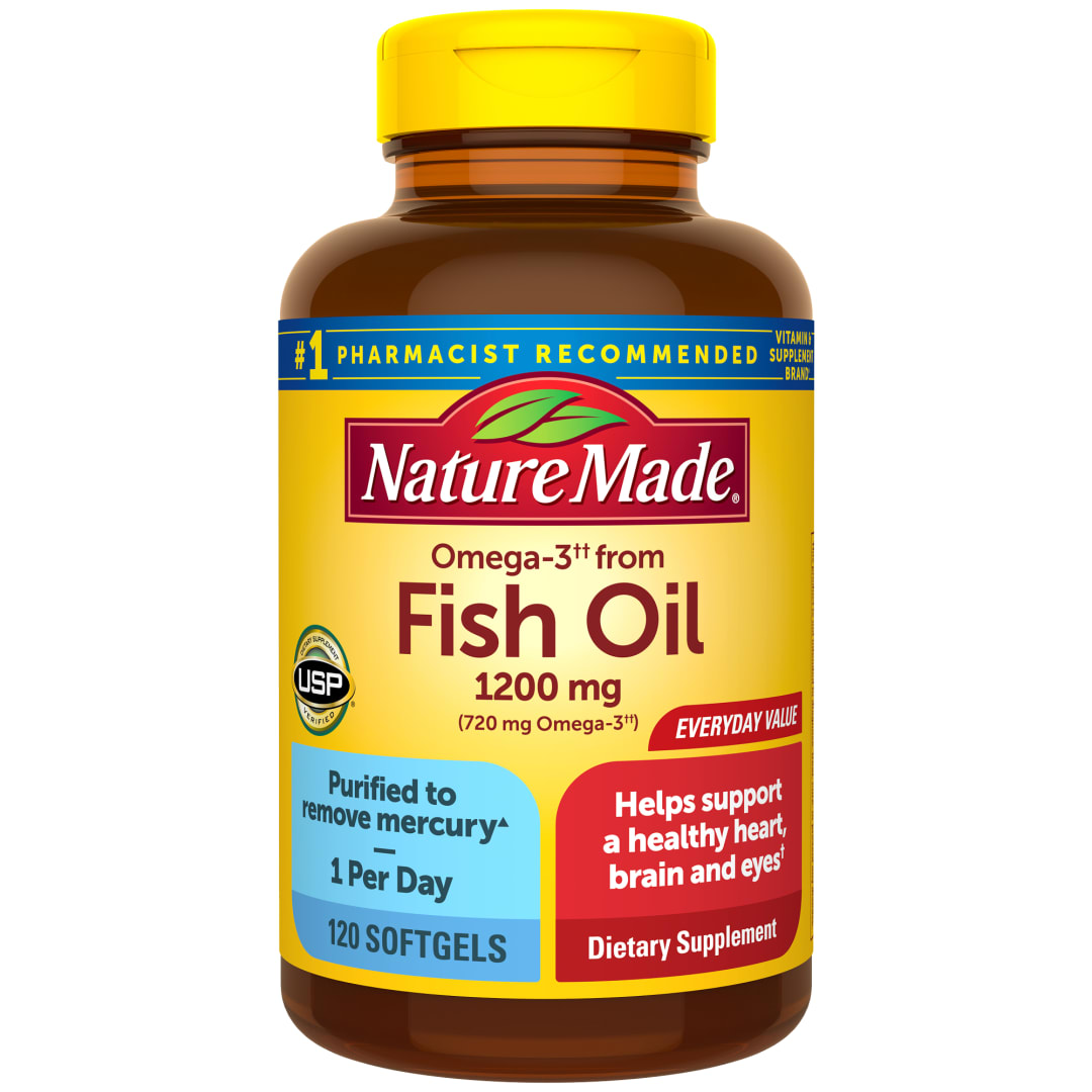 Nature Made Omega 3 Fish Oil 1200 mg, Fish Oil Supplements as Ethyl Esters, Omega 3 Fish Oil for Healthy Heart, Brain and Eyes Support, One Per Day, Omega 3 Supplement with 120 Softgels