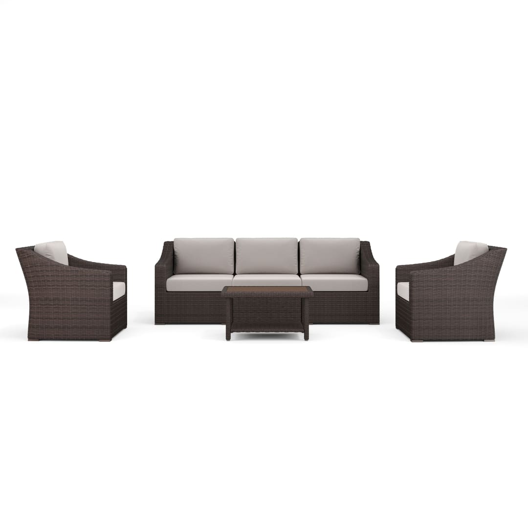 Bedford 4-Piece Indoor-Outdoor Conversation Set with Patio Sofa, 2 Chairs, and Coffee Table in Brown Rattan Wicker with Tan All-Weather Cushions