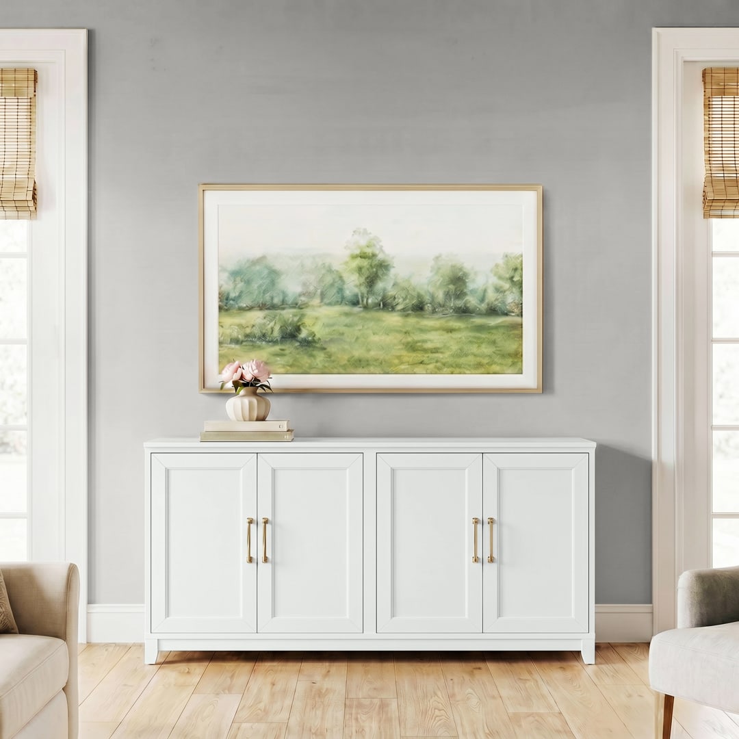 Bedford Modular Shaker 4 Door TV Stand for up to 75" TV with Adjustable Shelves and Soft-Close Doors, Gold Hardware, Solid Wood Frame/Legs, White