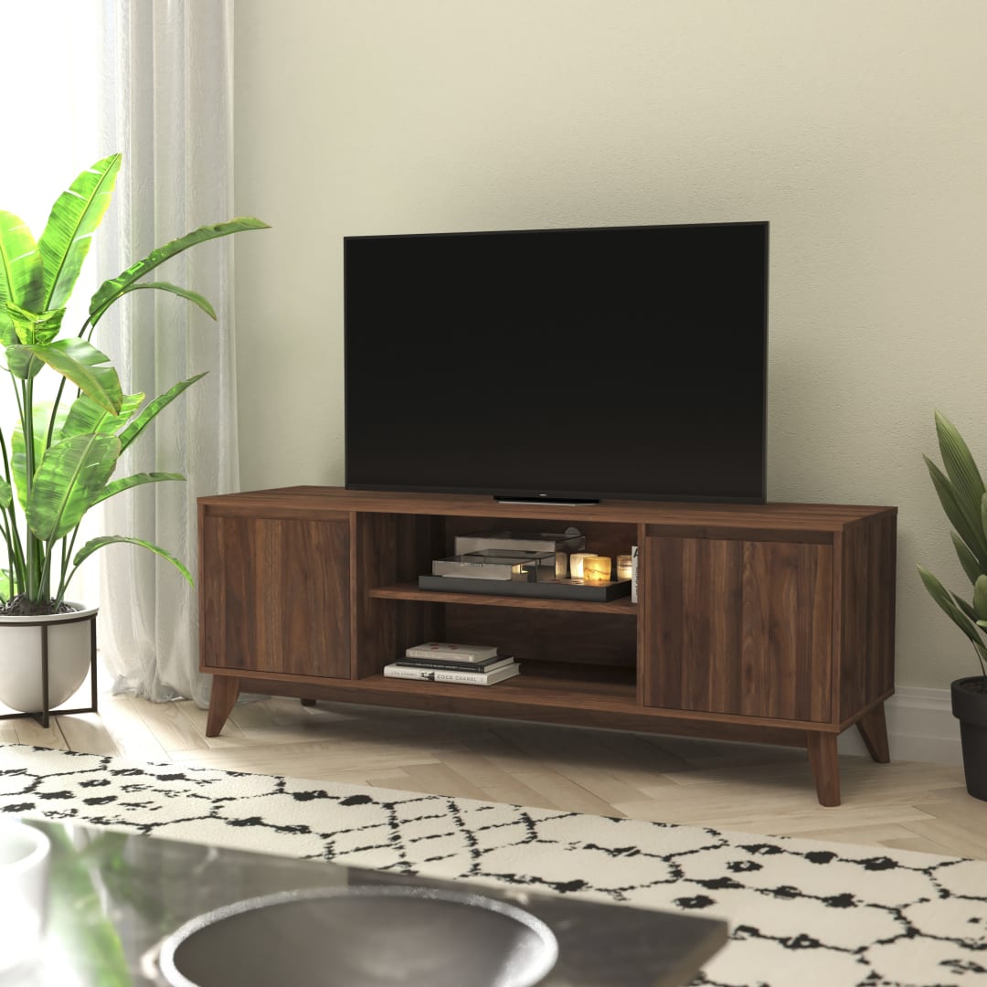 Hatfield Mid-Century Modern TV Stand in Walnut for up to 64 inch TV's - 60 Inch Media Center with Adjustable Center Shelf and Dual Soft Close Doors