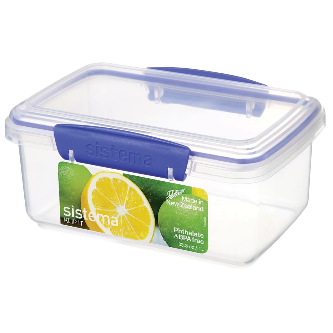 Sistema KLIP IT recipiente para guardar alimentos | 1 l | Recipiente apilable con tapa hermética para comidas preparadas | Sin BPA | Clips azules | 1 unidad