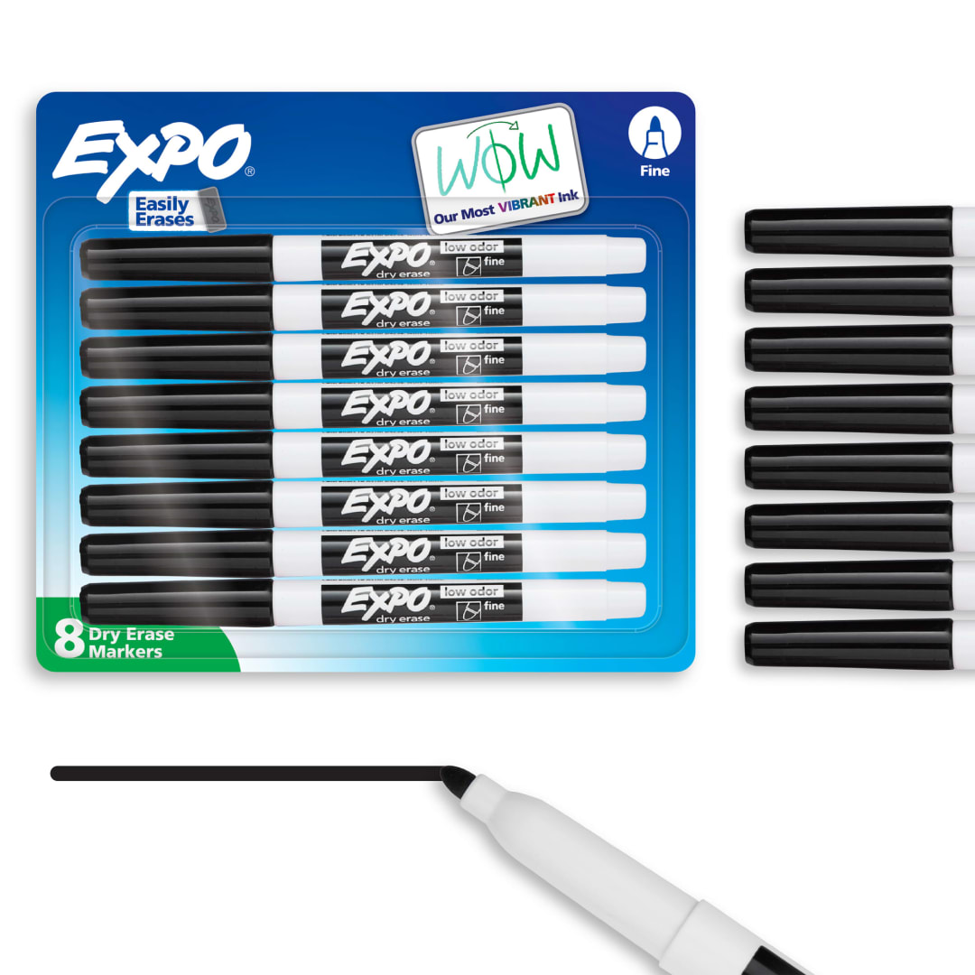 EXPO Dry Erase Markers, Low Odor Ink, Black, Fine Tip, 8 Count