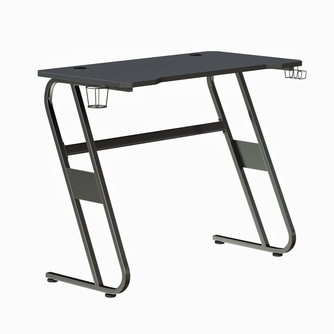 Fisher Black Gaming Ergonomic Desk with Cup Holder and Headphone Hook