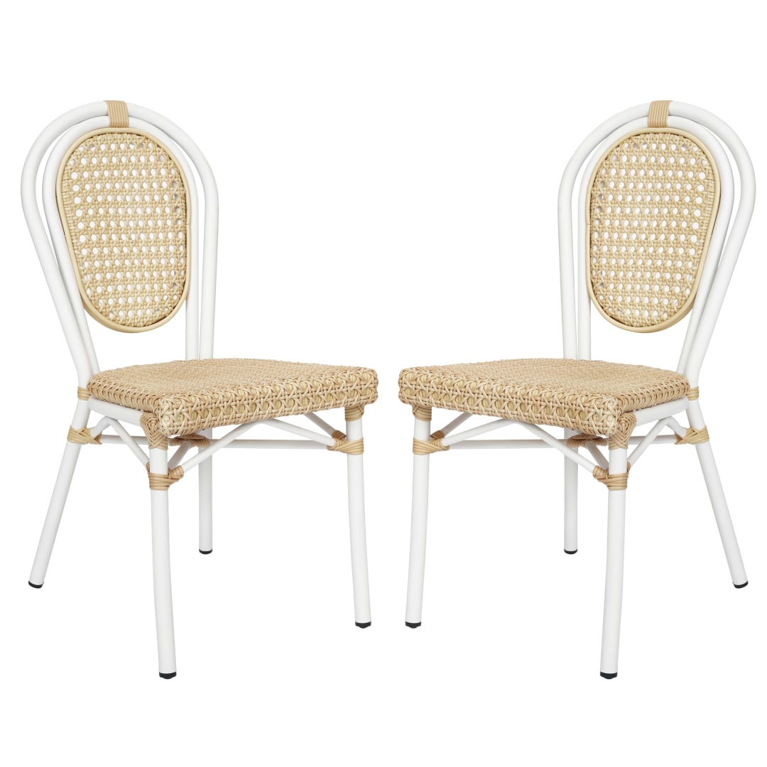 2 Pack Cannes Indoor/Outdoor Commercial Thonet Bistro Stacking Chair, Natural PE Cane Rattan and White Aluminum Frame
