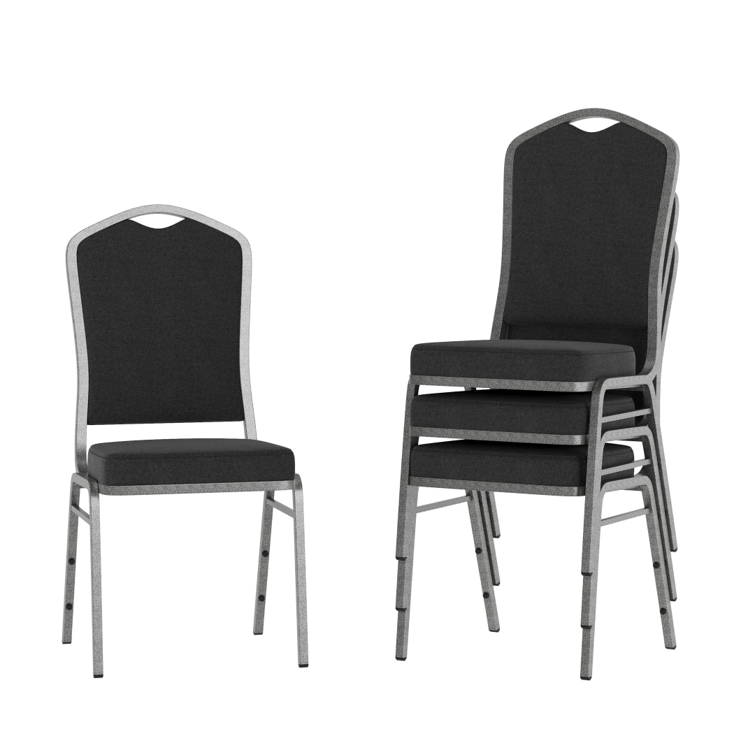 4 Pack HERCULES Series Crown Back Stacking Banquet Chair in Black Fabric - Silver Vein Frame
