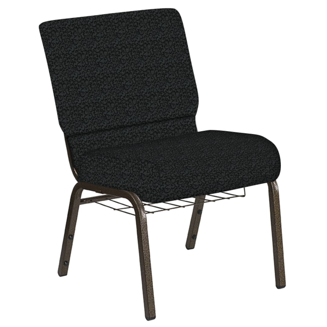 Embroidered 21''W Church Chair in Lancaster Pewter Fabric with Book Rack - Gold Vein Frame