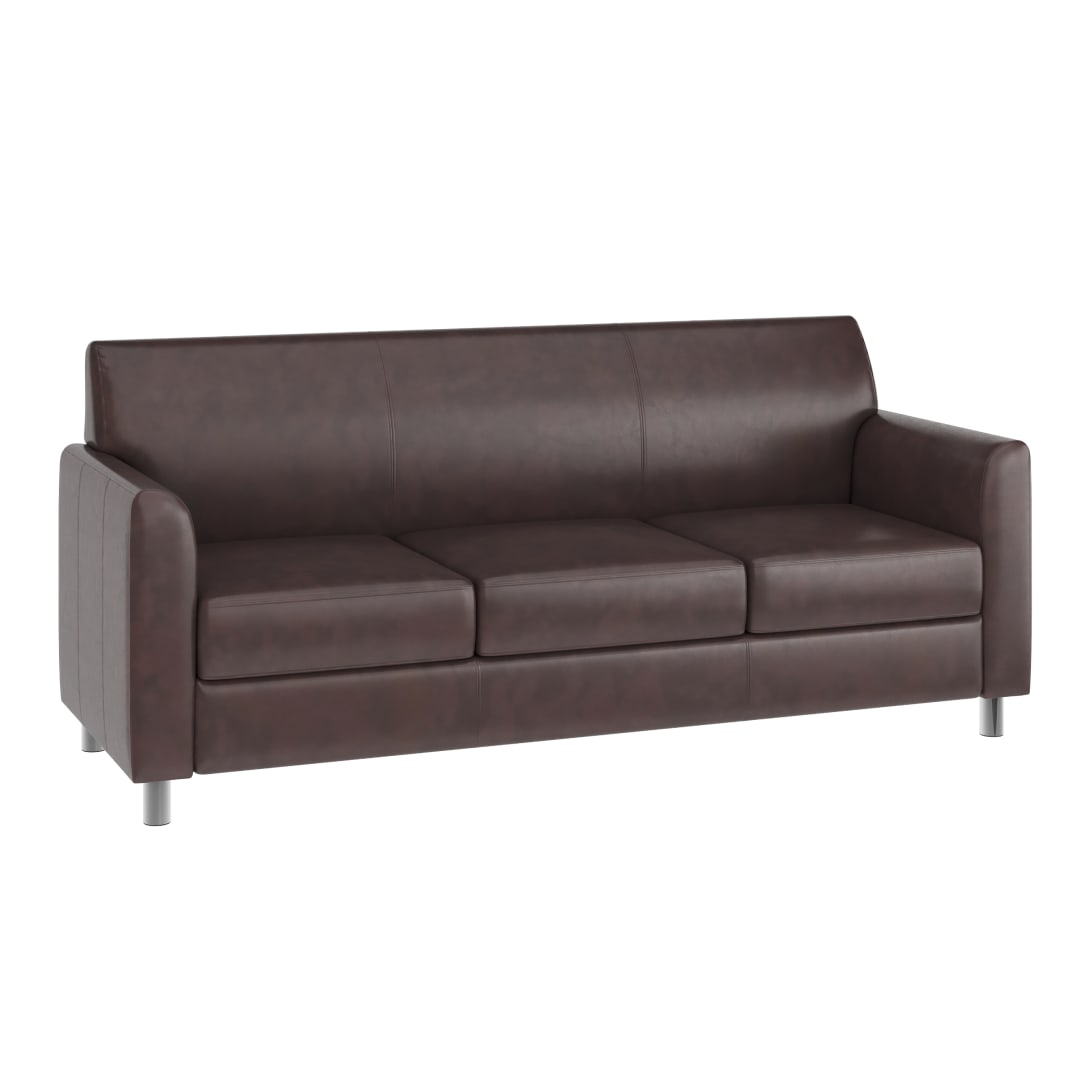 HERCULES Diplomat Brown LeatherSoft Sofa with Clean Line-Stitched Frame and Chrome Legs