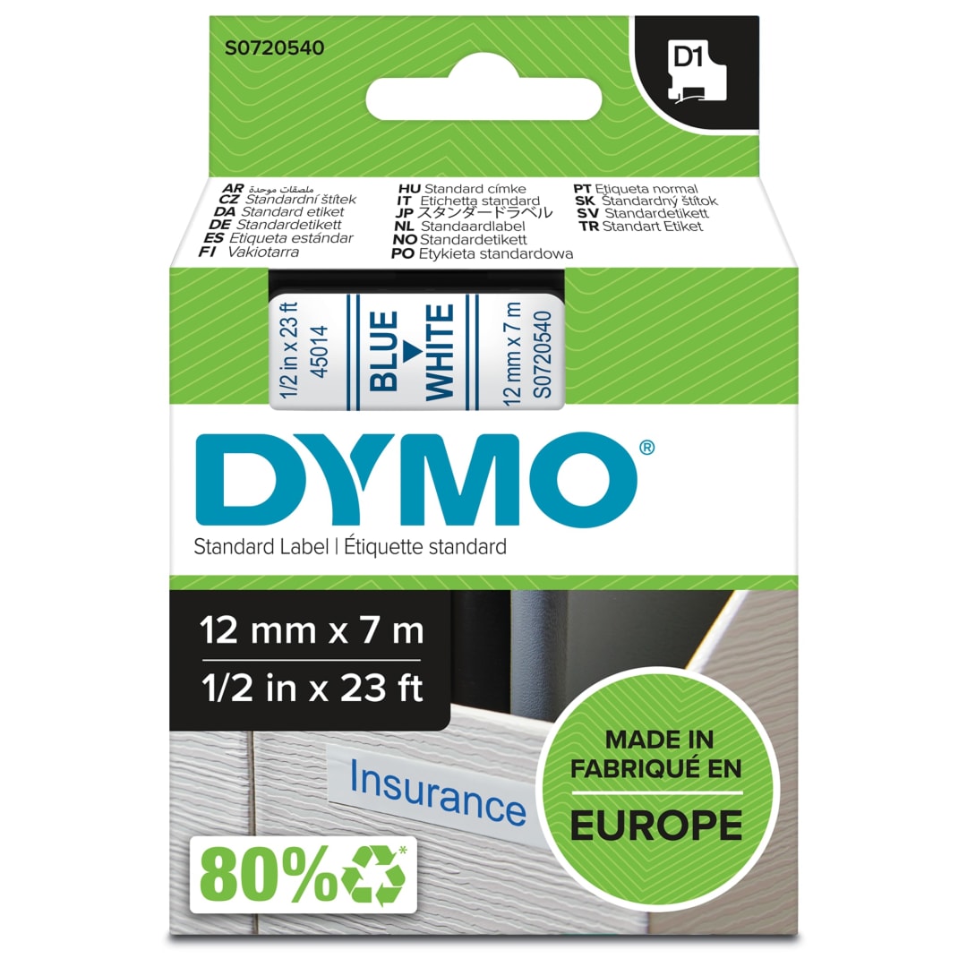 DYMO® Authentic D1 Labels, Blue Print on White Tape, 12 mm x 7 m, Self-Adhesive Labels for LabelManager Label Makers, Made in Europe