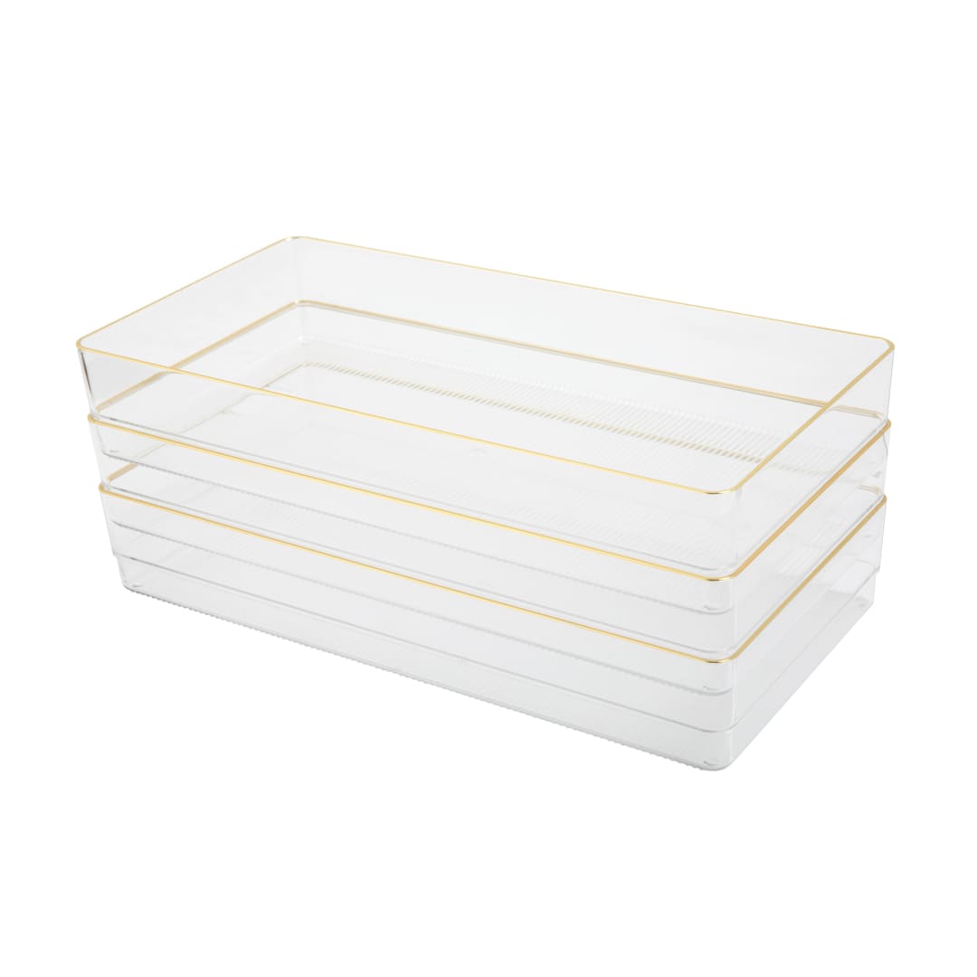 Kerry 3 Pack Plastic Stackable Office Desk Drawer Organizers with Gold Trim, 12" x 6"