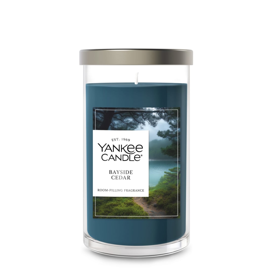 Yankee Candle® Medium Pillar Scented Candle with up to 115 Hour Burn Time, Premium Plant Wax Blend for Consistent Burn, 14.25 oz Pillar Candle with Room Filling Fragrance, Bayside Cedar
