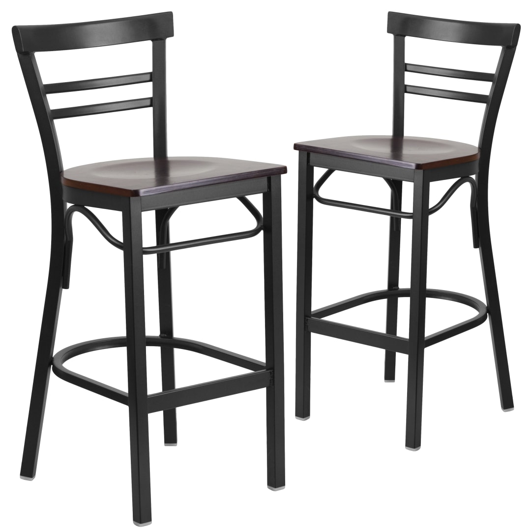 2 Pk. HERCULES Series Black Two-Slat Ladder Back Metal Restaurant Barstool - Walnut Wood Seat