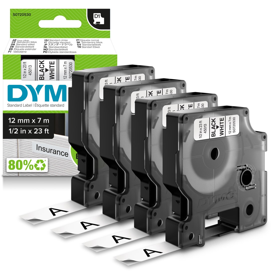 DYMO® D1 Labels for LabelManager Label Makers, Black Print on White, 1/2-Inch x 23-Foot Rolls, Self-Adhesive, 4 Count