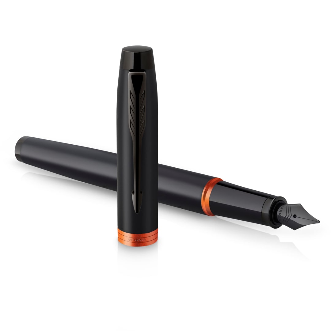 Parker IM Vibrant Rings Fountain Pen, Satin Black Lacquer with Flame Orange Accents, MediumPoint with Blue Ink Refill, Gift Box