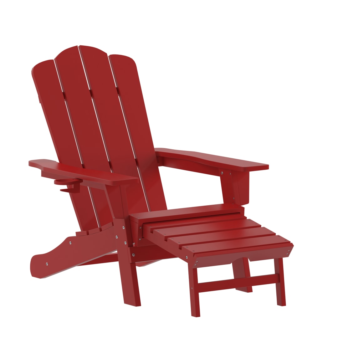 Newport HDPE Adirondack Chair with Cup Holder and Pull Out Ottoman, All-Weather HDPE Indoor/Outdoor Lounge Chair in Red