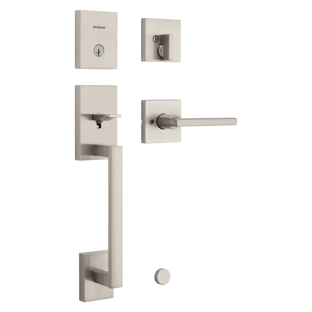 San Clemente Single Cylinder Low Profile Handleset w/Halifax Lever featuring SmartKey Security™ in Satin Nickel