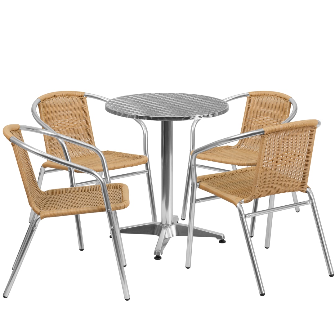 Lila 23.5'' Round Aluminum Indoor-Outdoor Table Set with 4 Beige Rattan Chairs