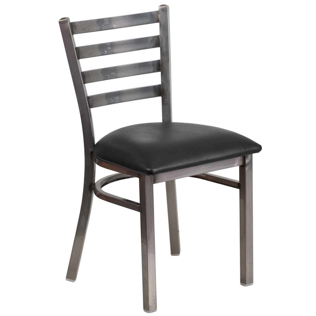 HERCULES Series Silver Antique Finish with Clear Coat Ladder Back Metal Restaurant Chair - Black Vinyl Seat