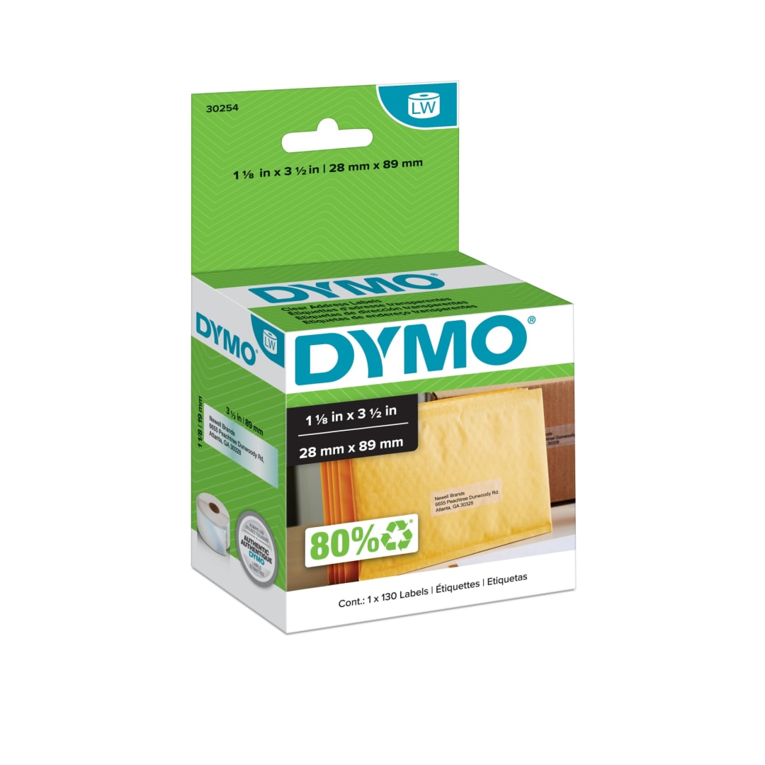 DYMO® Authentic LW Clear Mailing Address Labels, DYMO® Labels for LabelWriter™ Label Printers, 1-1/8" x 3-1/2", 1 Roll of 130