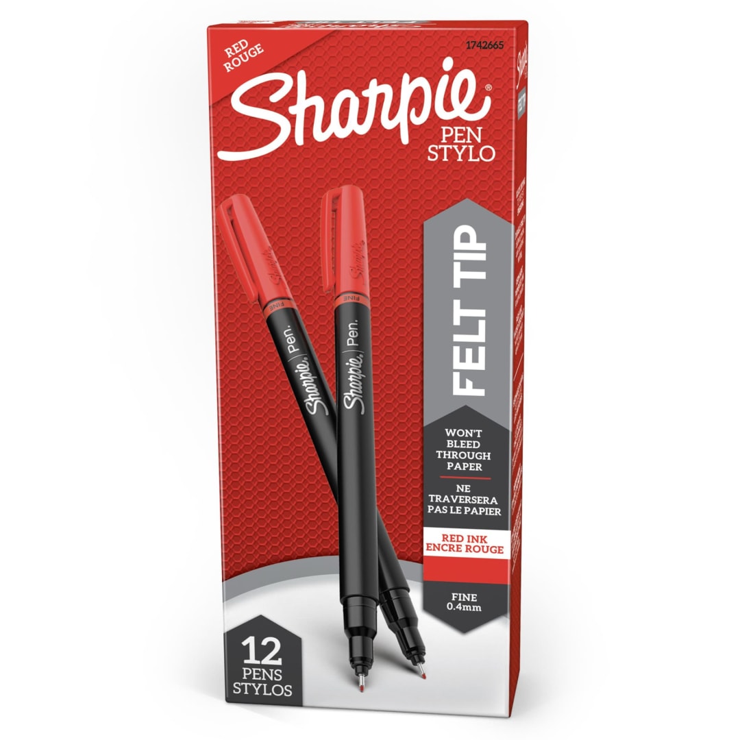 Sharpie® Felt Tip Pens, Fine Point (0.4mm), Red, 12 Count
