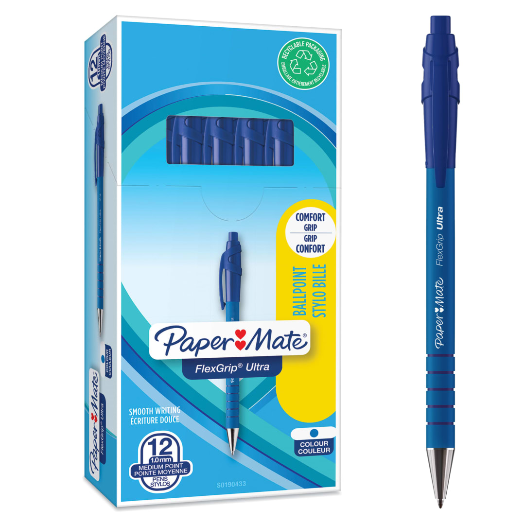 Paper Mate® FlexGrip® Ultra® Retractable Ballpoint Pens | Medium Point (1.0mm) | Blue | 12 Count