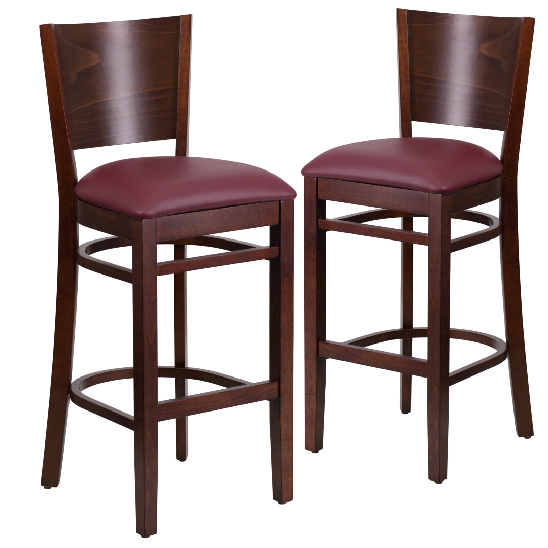 2 Pk. Lacey Series Solid Back Walnut Wood Restaurant Barstool - Burgundy Vinyl Seat