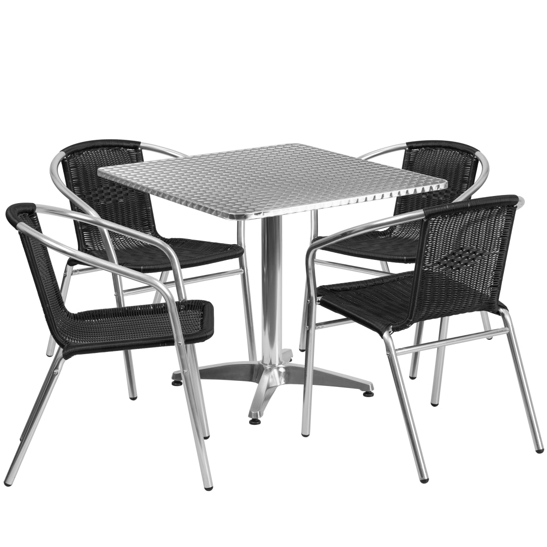 Lila 31.5'' Square Aluminum Indoor-Outdoor Table Set with 4 Black Rattan Chairs
