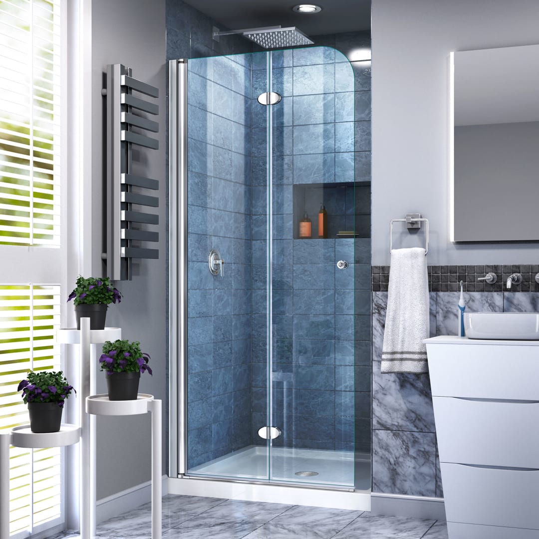 DreamLine Aqua Fold 32 inch D x 32 inch W x 74 3/4 inch H Frameless Bi-fold Shower Door in Chrome with Center Drain White Shower Base Kit