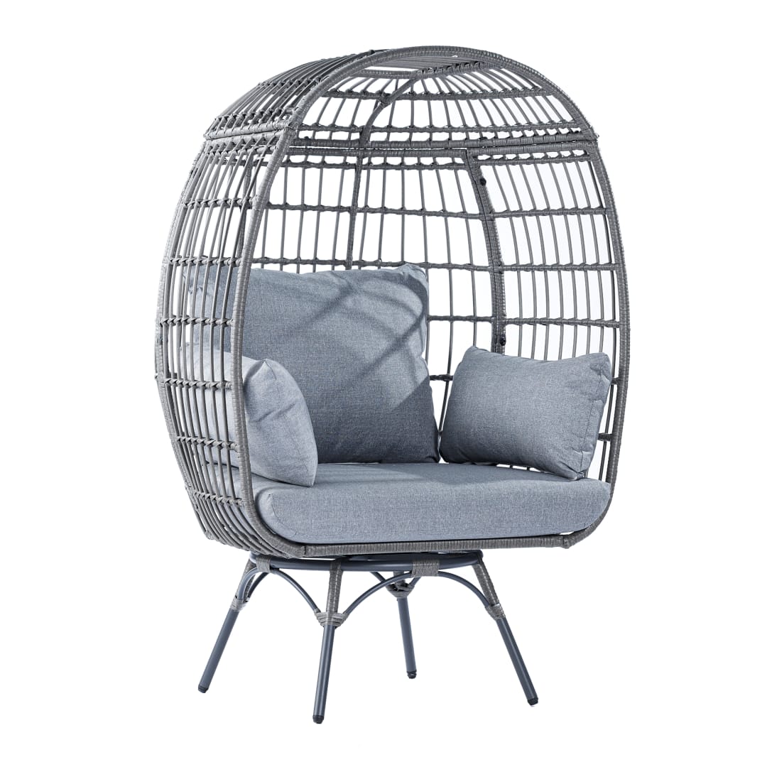 Zola Commercial Gray Indoor/Outdoor Oversized Wicker Egg Swivel Lounge Chair with 4 Cushions for Living Room, Patio, and Backyard Use