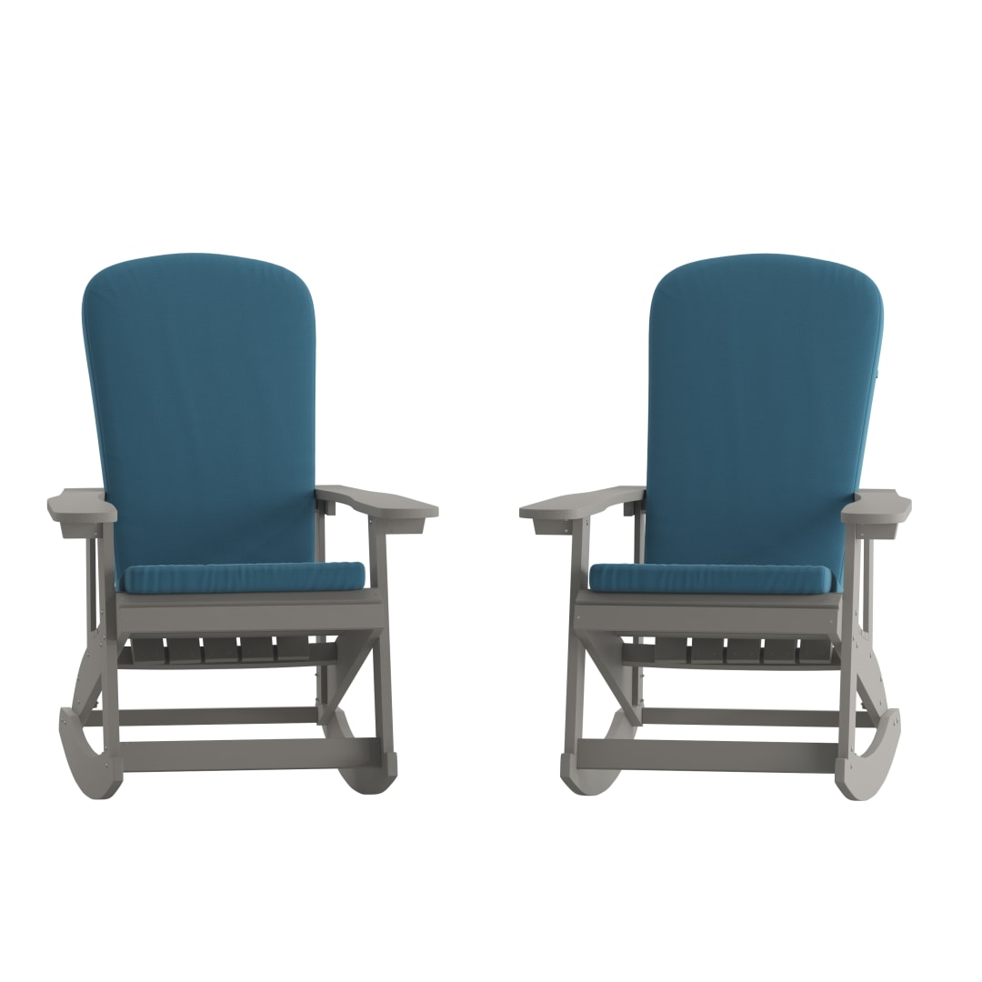 Savannah Set of 2 All-Weather Poly Resin Wood Adirondack Rocking Chairs in Gray with Teal Cushions for Deck, Porch, and Patio
