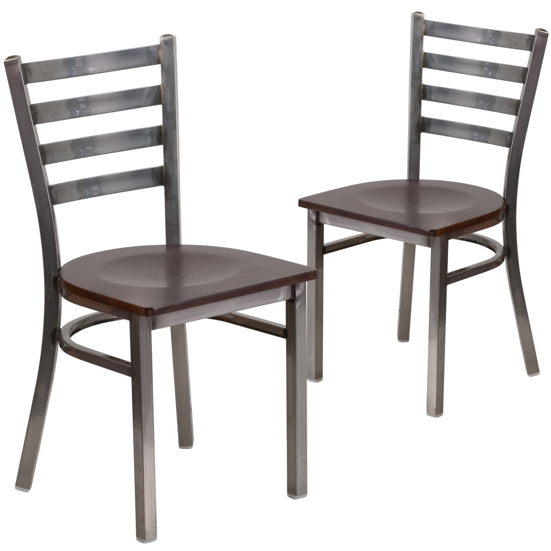2 Pack HERCULES Series Silver Antique Finish with Clear Coat Ladder Back Metal Restaurant Chair - Walnut Wood Seat