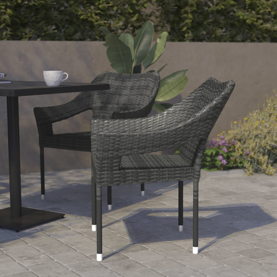 Ethan Set of 2 Commercial Grade Stacking Patio Chairs, All Weather PE Rattan Wicker Patio Dining Chairs in Gray